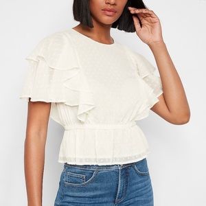 Express Beige Tiered Ruffle Sleeve Peplum Top